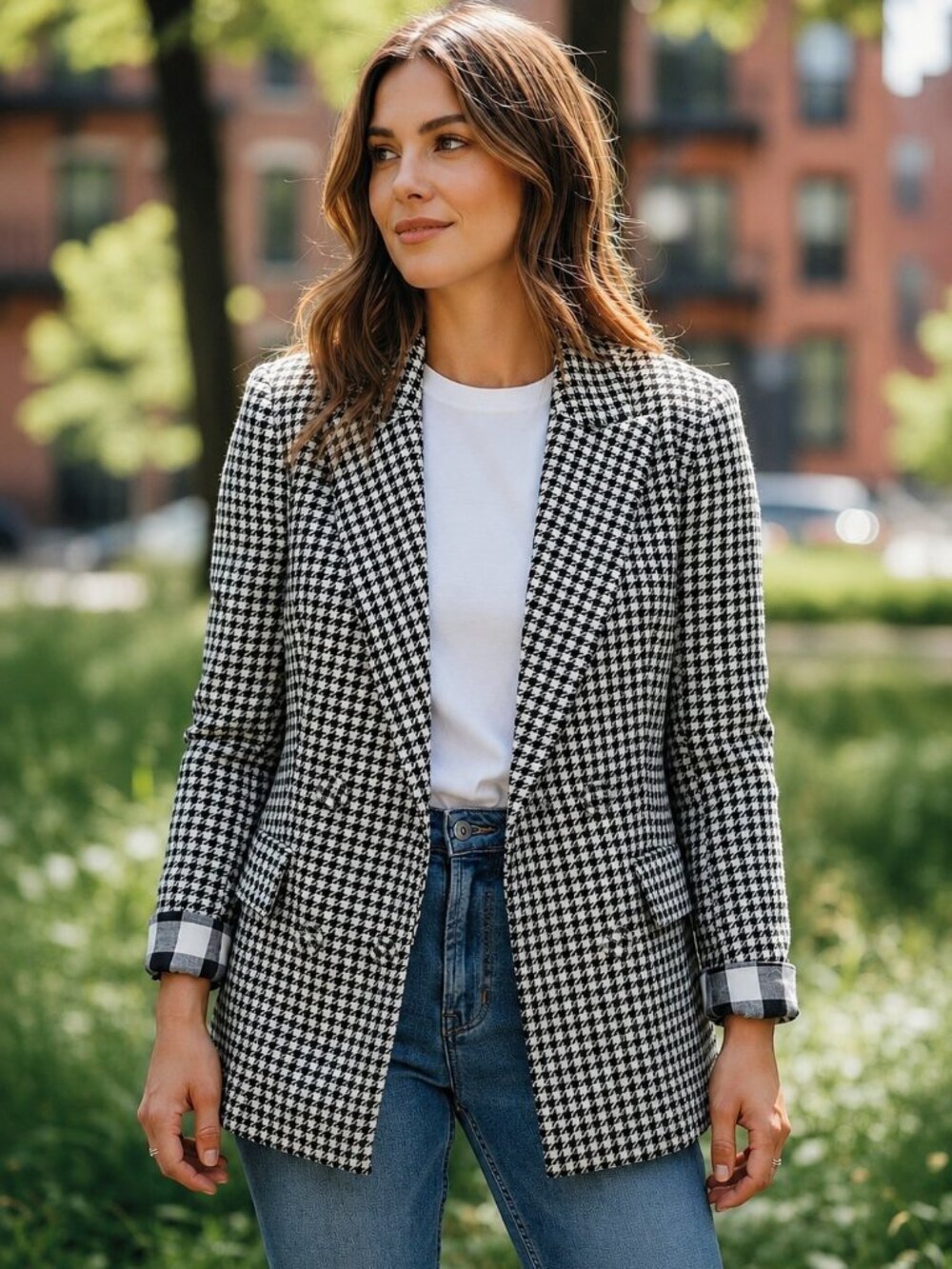 7th Avenue Design Studio Black & White Houndstooth Double-Breasted Blazer Size M